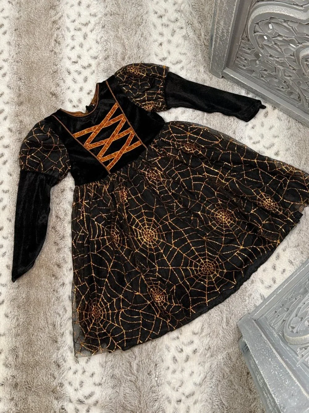 Hallow's Eve black sparkly orange spiderweb dress girls 2T witch Halloween party